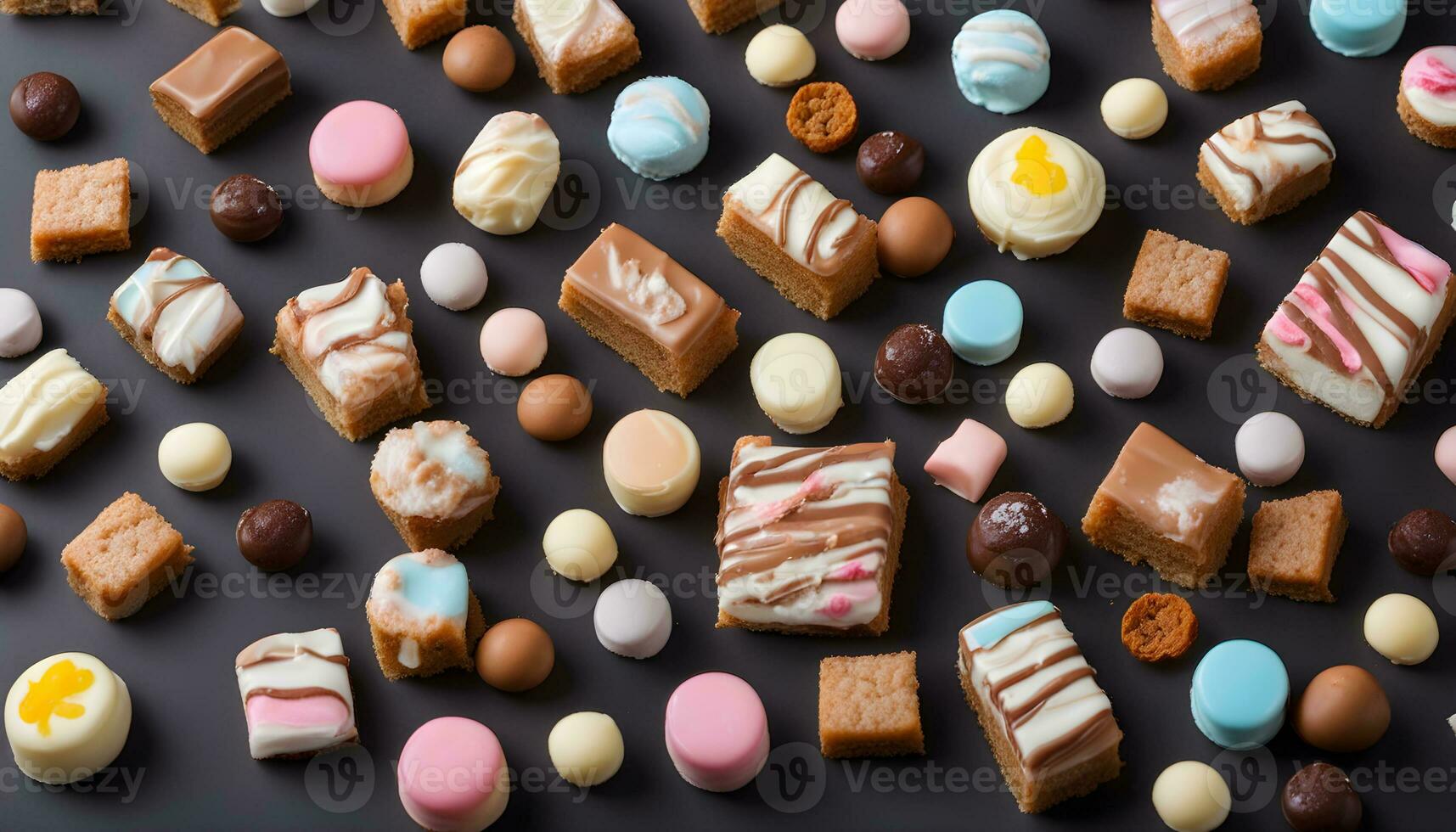 AI generated a variety of chocolate and candy bars on a black surface photo