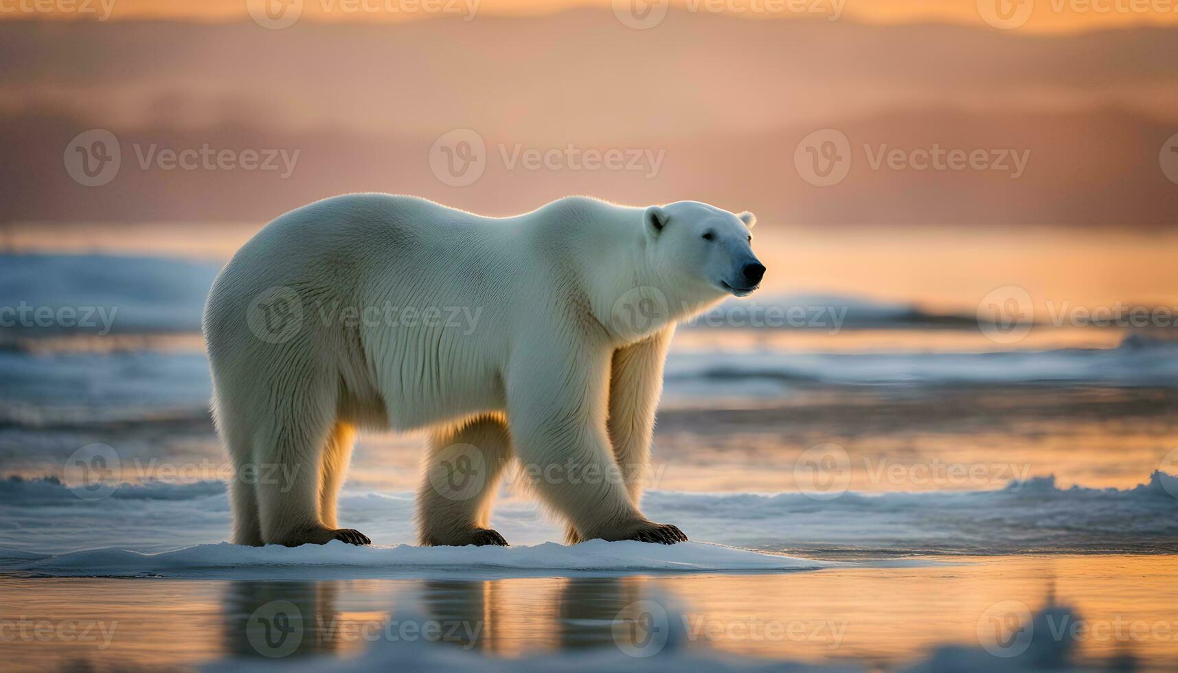 AI generated a polar bear standing on the ice at sunset photo