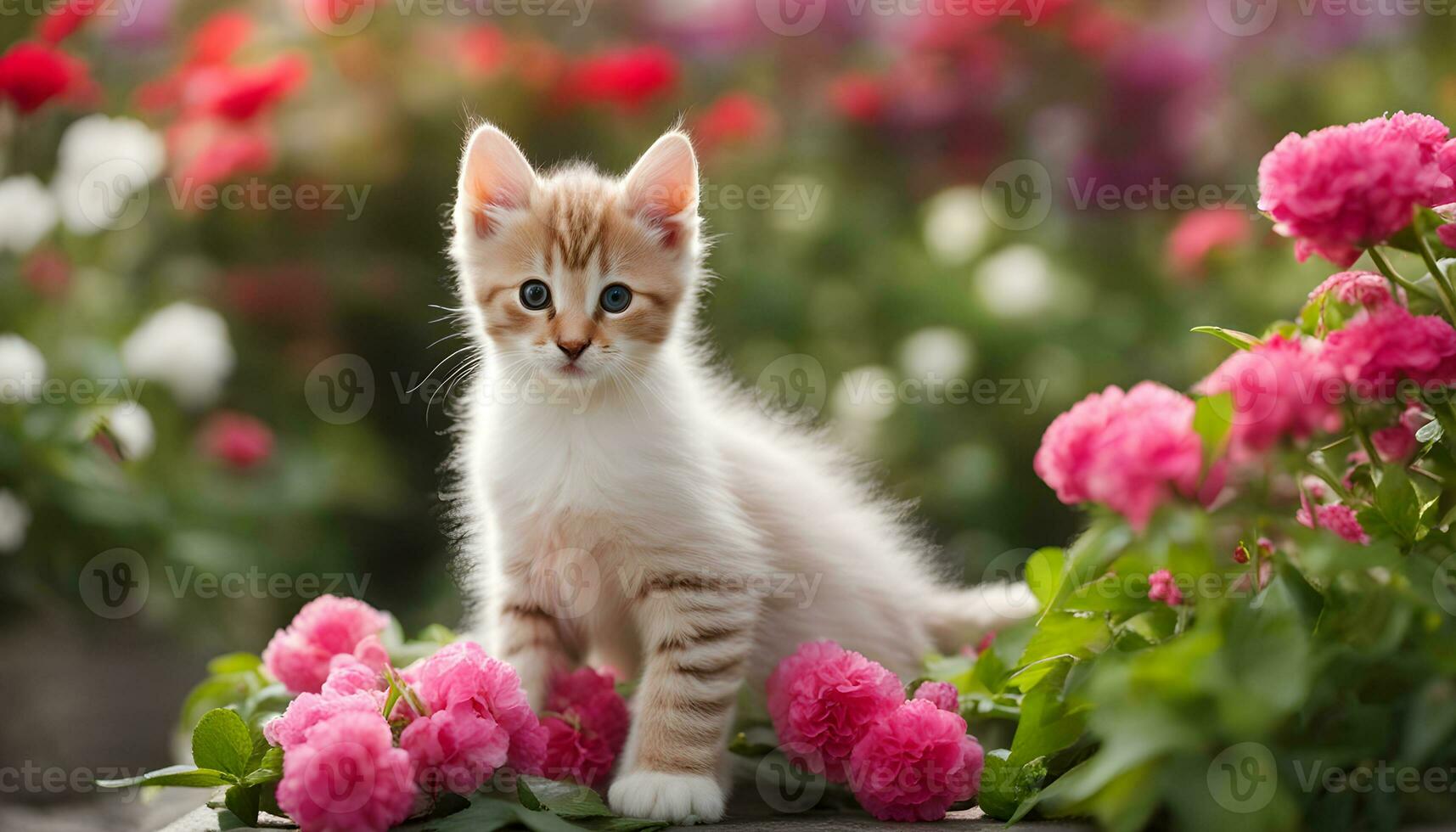 ai generado un gatito sentado en un flor jardín foto