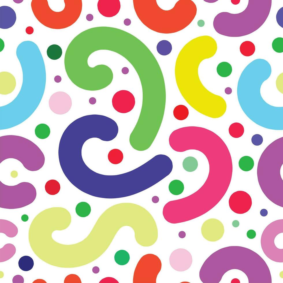 Multi colored geometric shapes seamless pattern. Brush drawn scribbles. Vector ornament with various chaotic brushes.