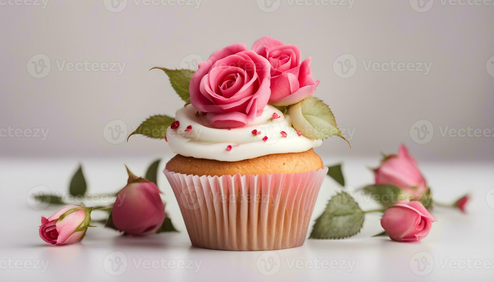 AI generated cupcake with pink roses on white background photo