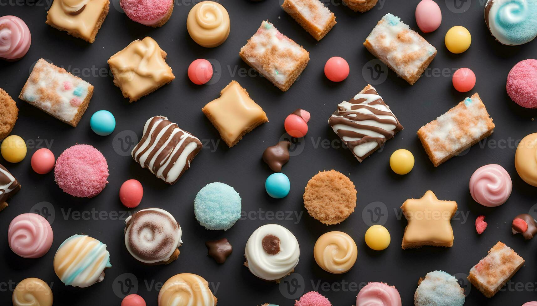 AI generated assorted cookies and pastries on a black background photo