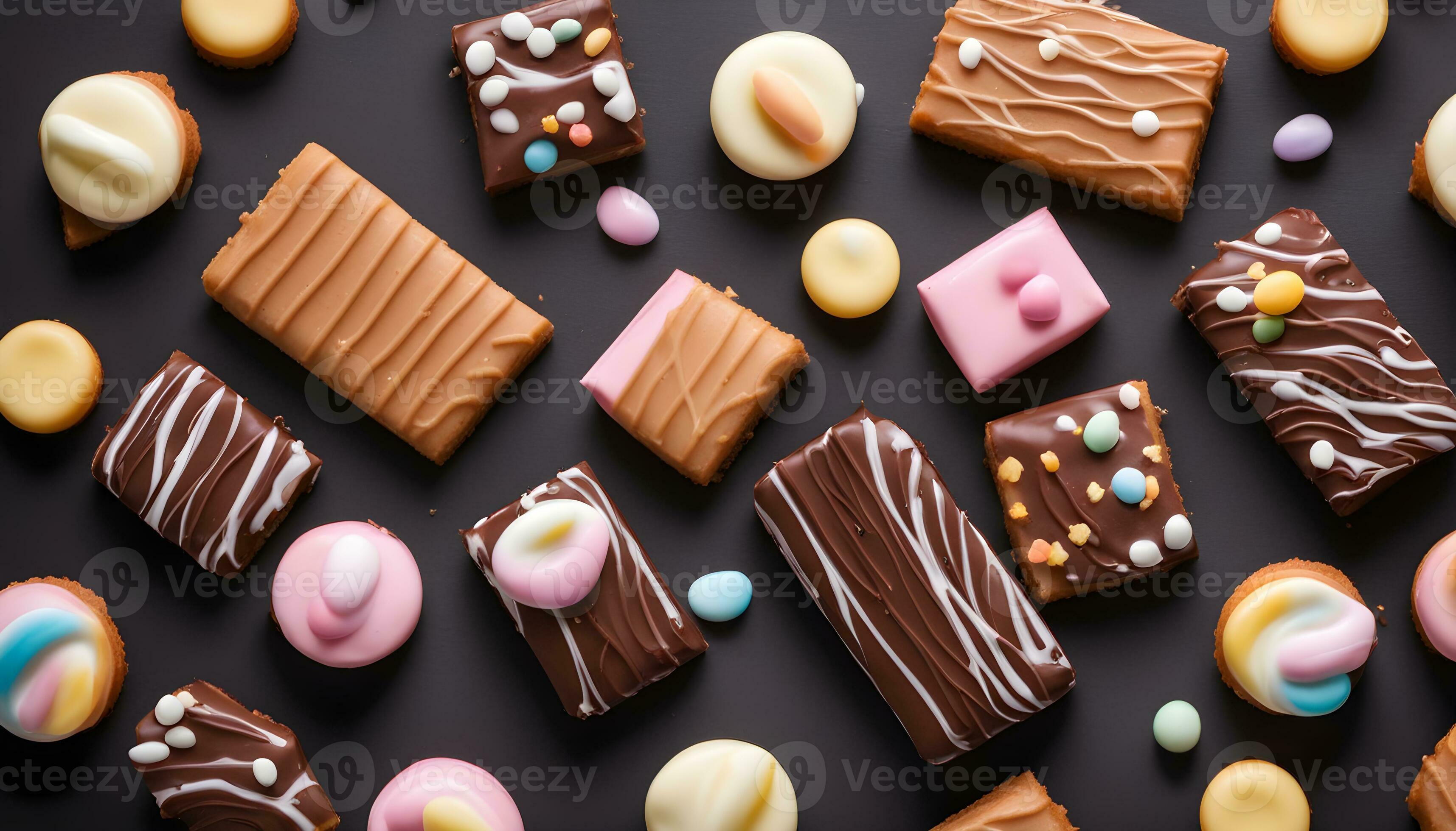 AI generated various types of chocolate and candy bars on a black