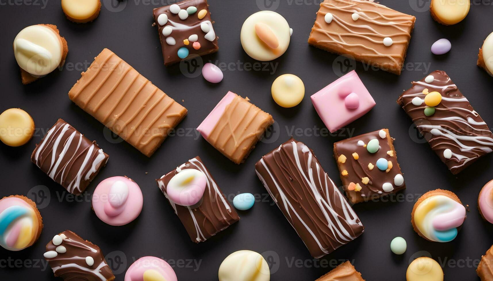 AI generated various types of chocolate and candy bars on a black background photo