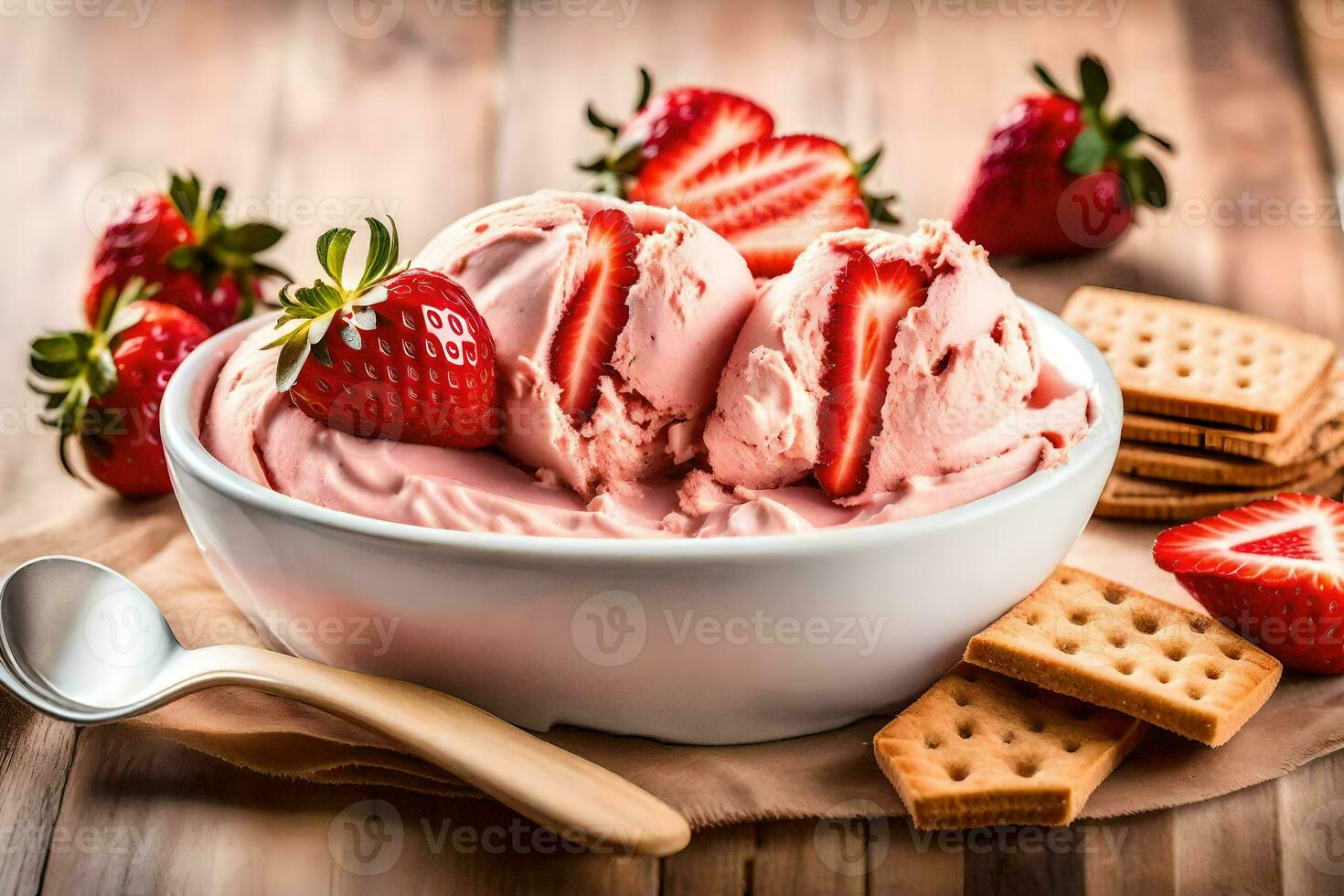 ai generado fresa hielo crema en un cuenco con galletas y cuchara foto