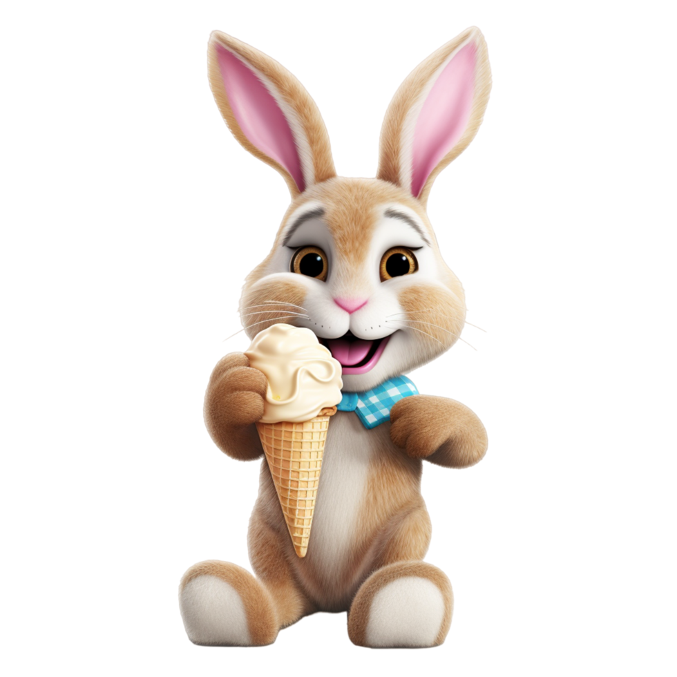 AI generated 3d rendering of a cute easter bunny with ice-cream cone on a transparent background png