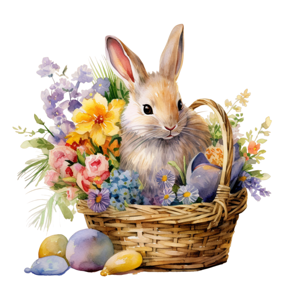 AI generated cute easter Bunny in a basket with flower and eggs on transparent background png