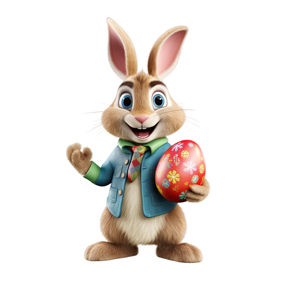 AI generated 3d rendering of a cute easter bunny holding a colorful ester egg on transparent background png