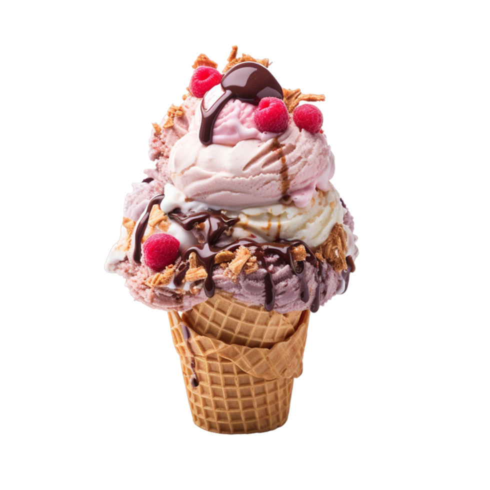 AI generated Ice cream in a waffle cup with topping, caramel and chocolate sprinkles png