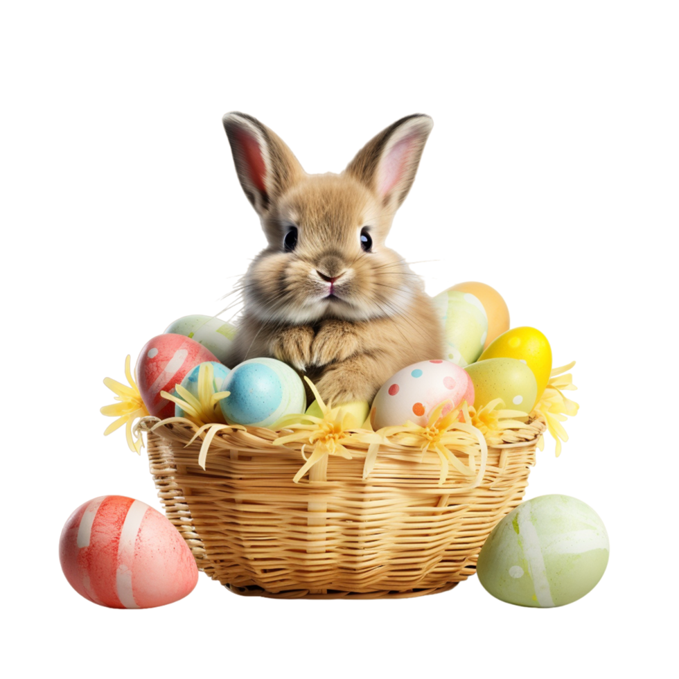 AI generated Easter bunny and colorful Easter Egg in a wicker basket on transparent background png