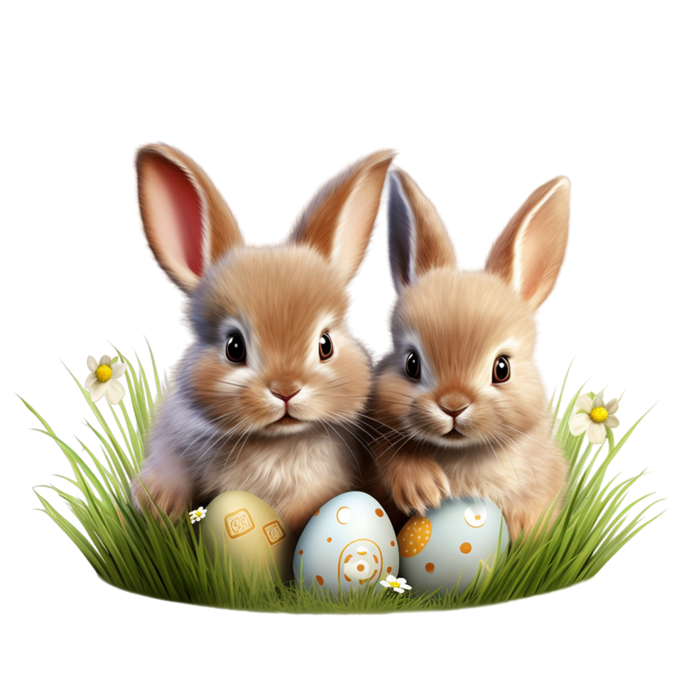 AI generated Rabbits family in the nest with many colorful Easter eggs for Happy Easter Day png