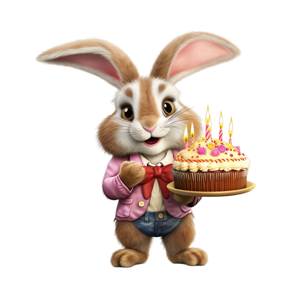 ai gegenereerd 3d renderen van een schattig Pasen konijn met verjaardag taart Aan een transparant achtergrond png