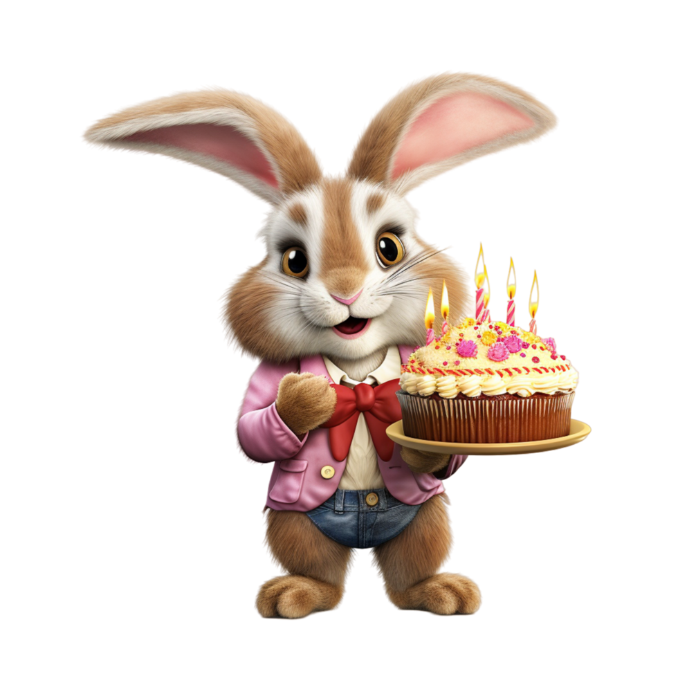 AI generated 3d rendering of a cute easter bunny with birthday cake on a transparent background png