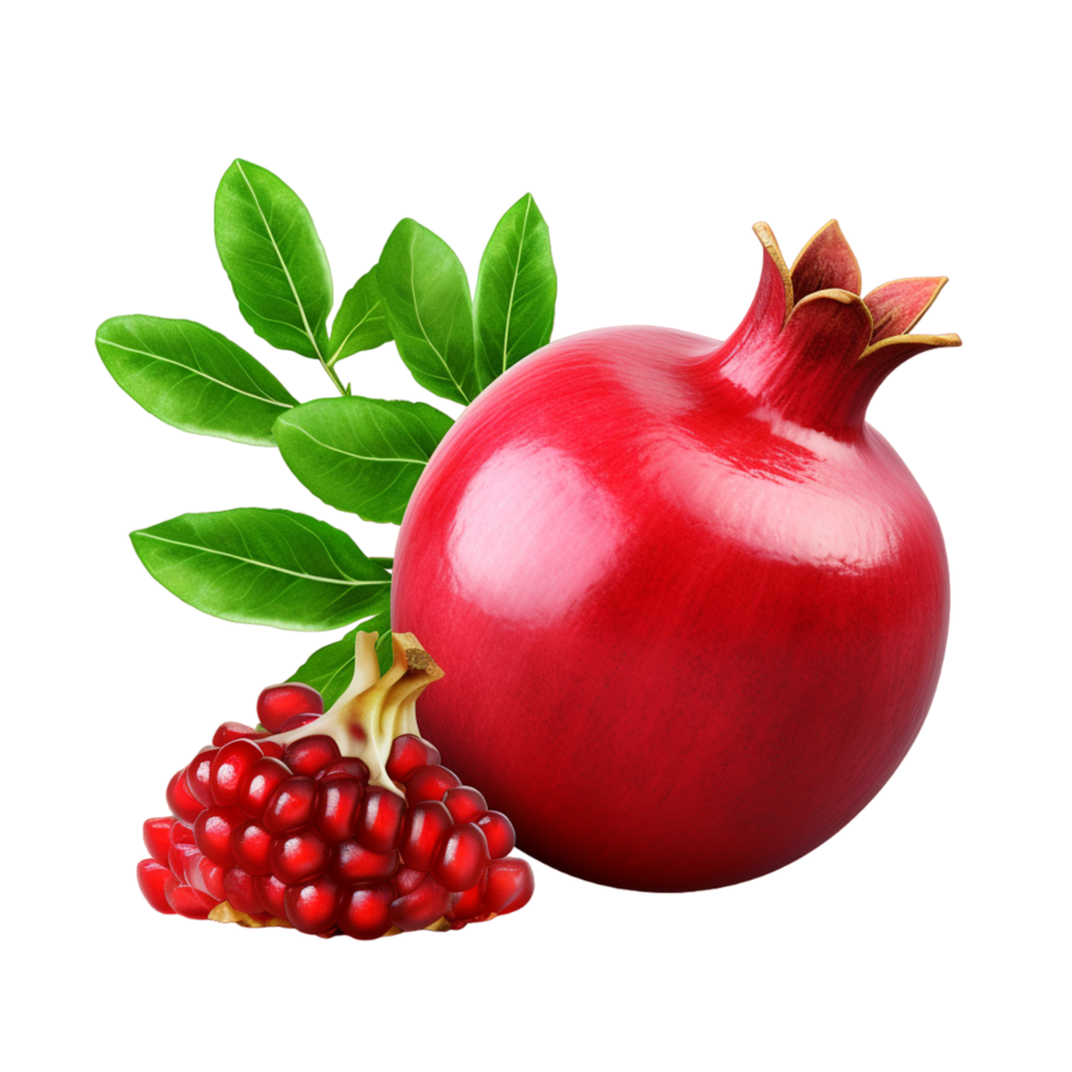 AI generated Pomegranate with green leaves isolated on transparent background png