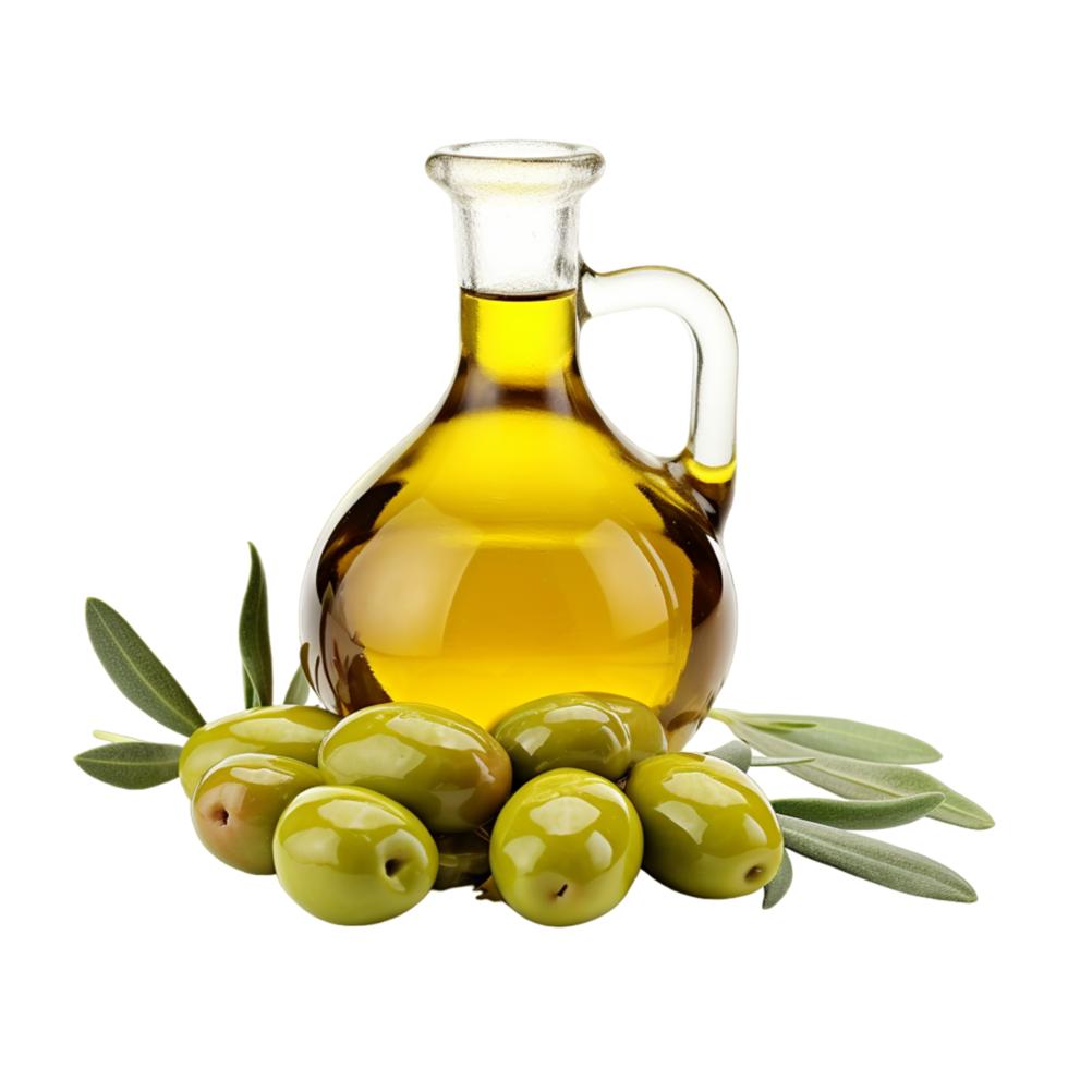 ai généré là est une bouteille de olive pétrole cette est isolé sur une transparent Contexte png