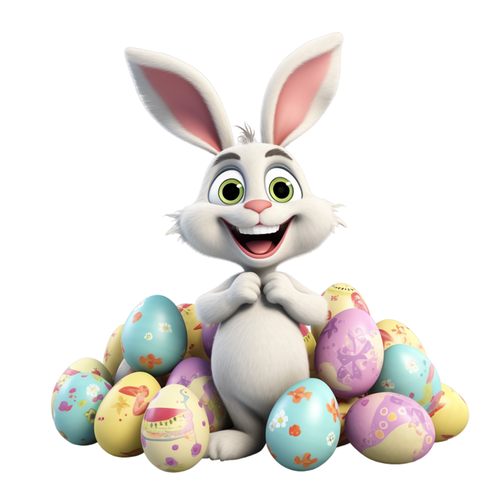 AI generated Easter rabbit with colorful eggs. April holiday png