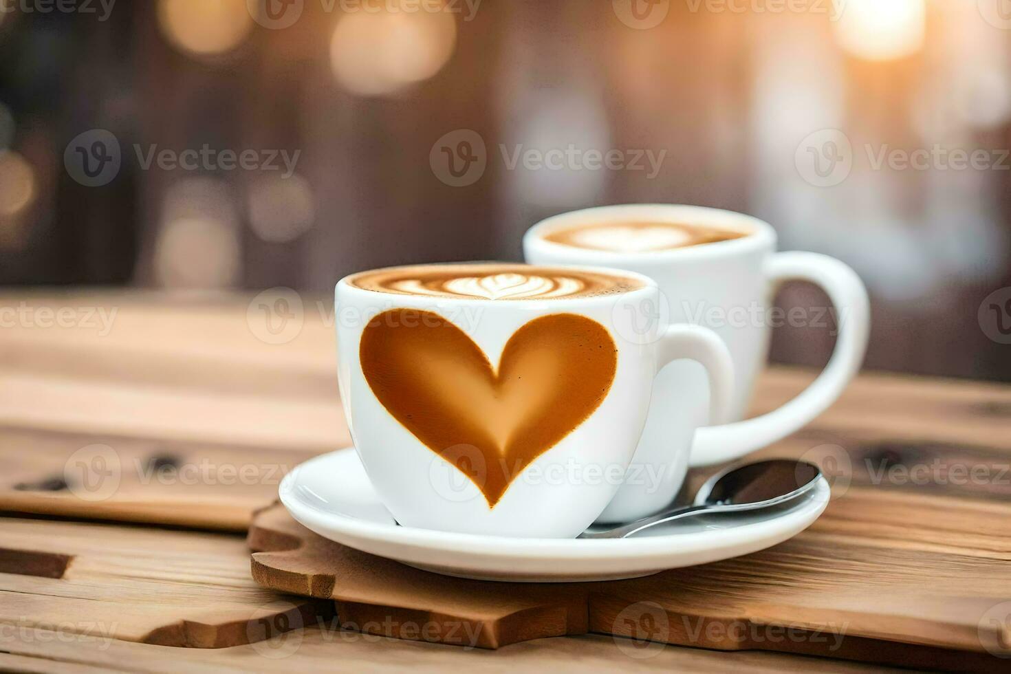 AI generated two cappuccino cups with heart shaped foam on the table photo