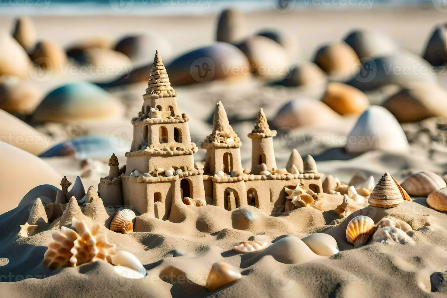 ai generado un arena castillo es hecho fuera de conchas y arena foto