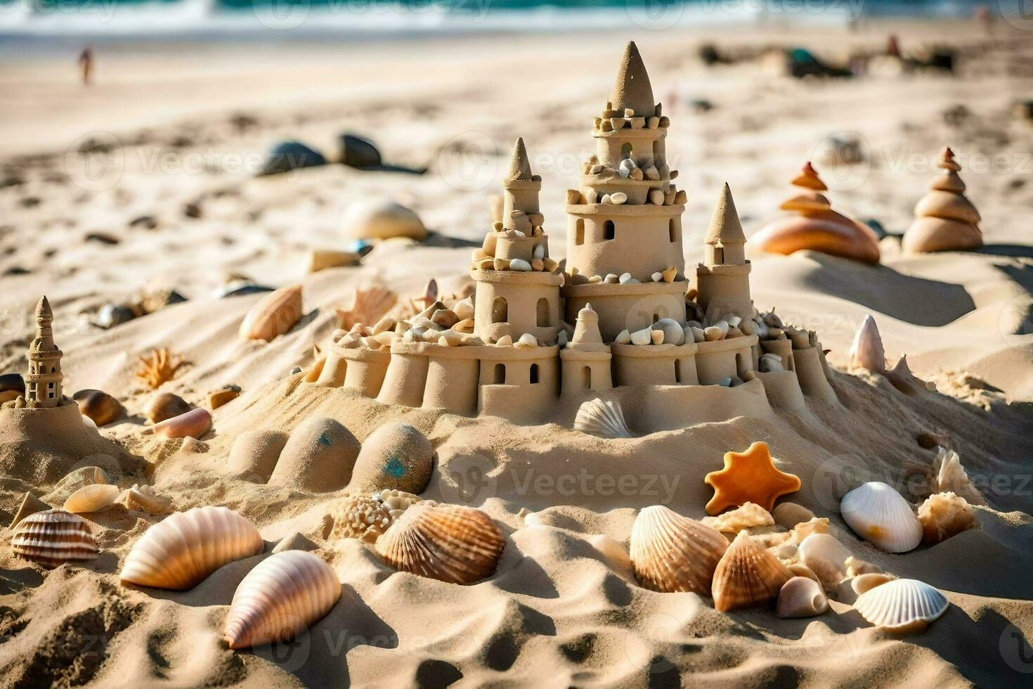 AI generated a sand castle with shells and seashells on the beach photo