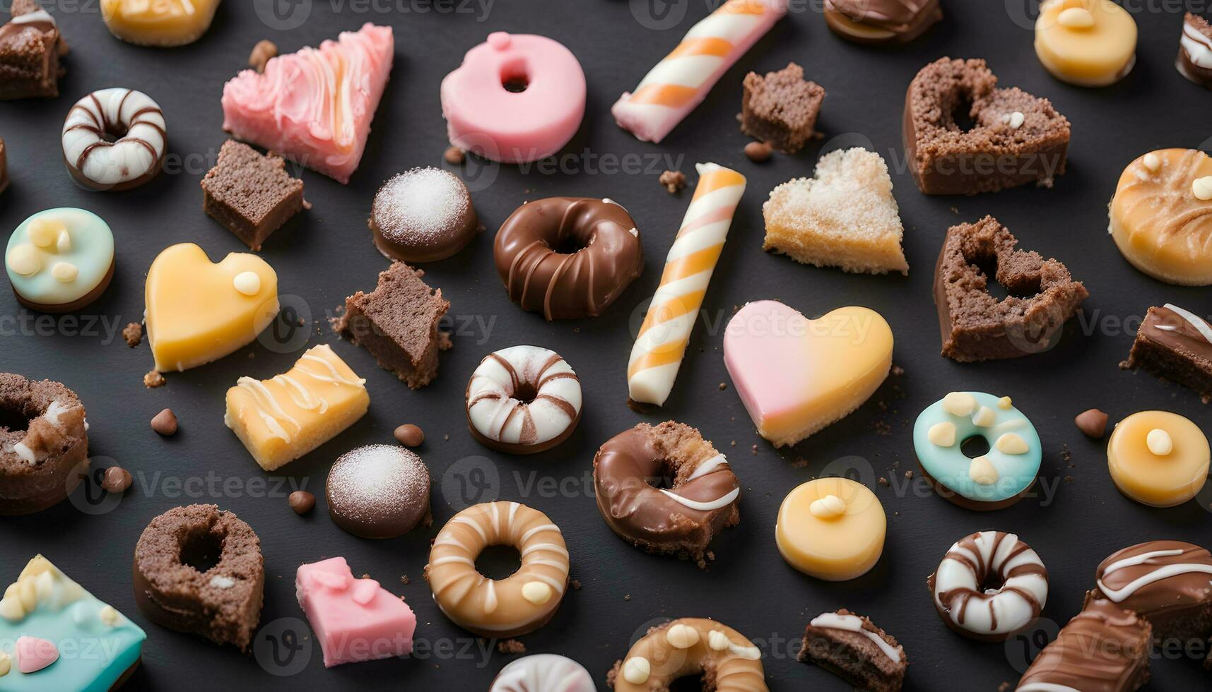 AI generated various types of chocolate and sweets on a black background photo