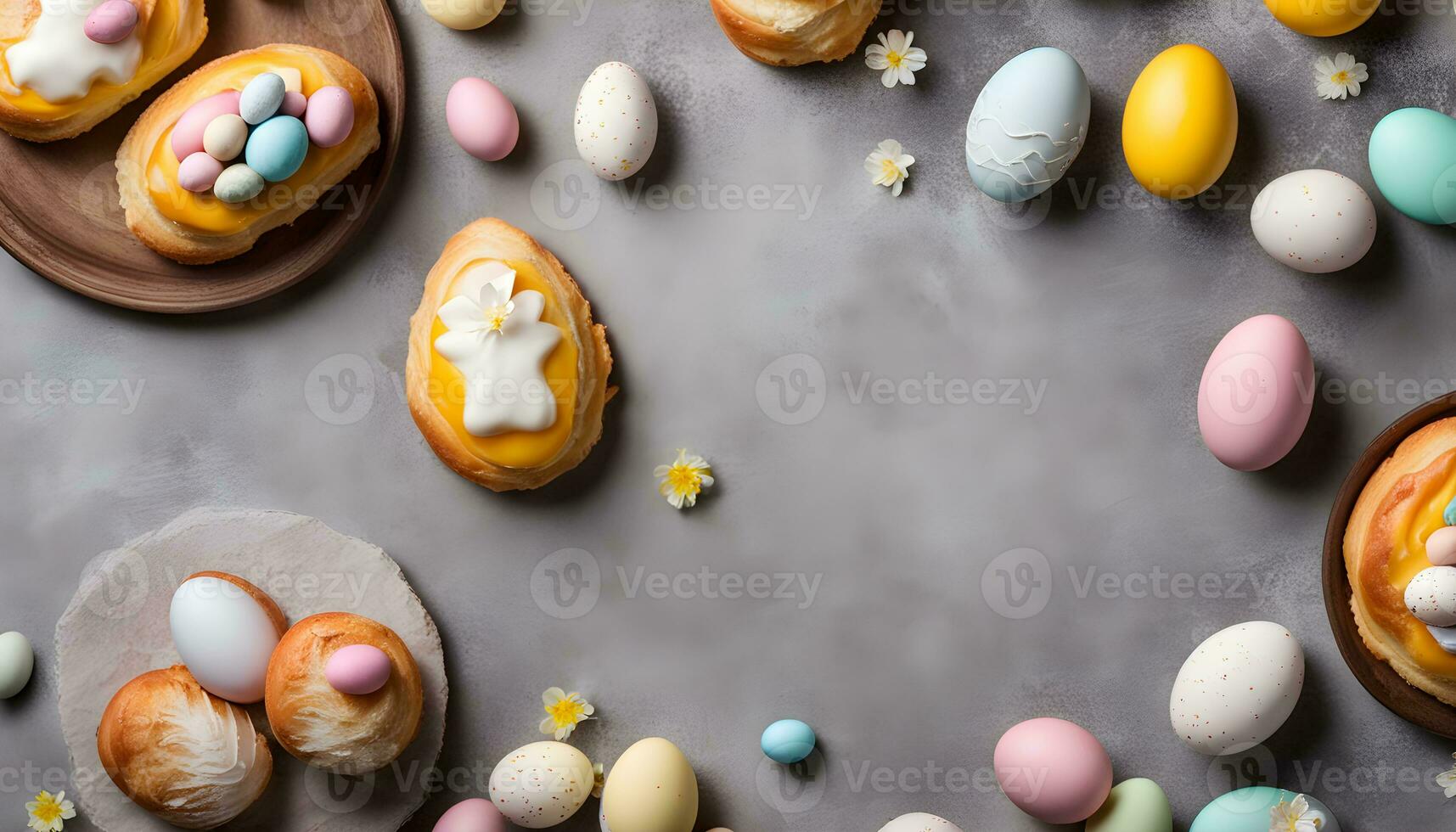 AI generated easter eggs and pastries on a table photo