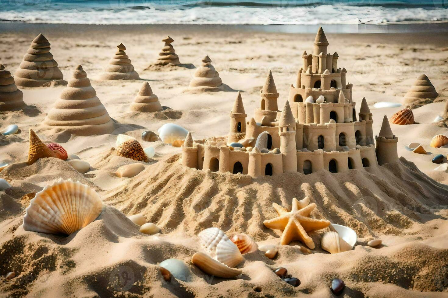 ai generado un arena castillo es hecho en el playa foto