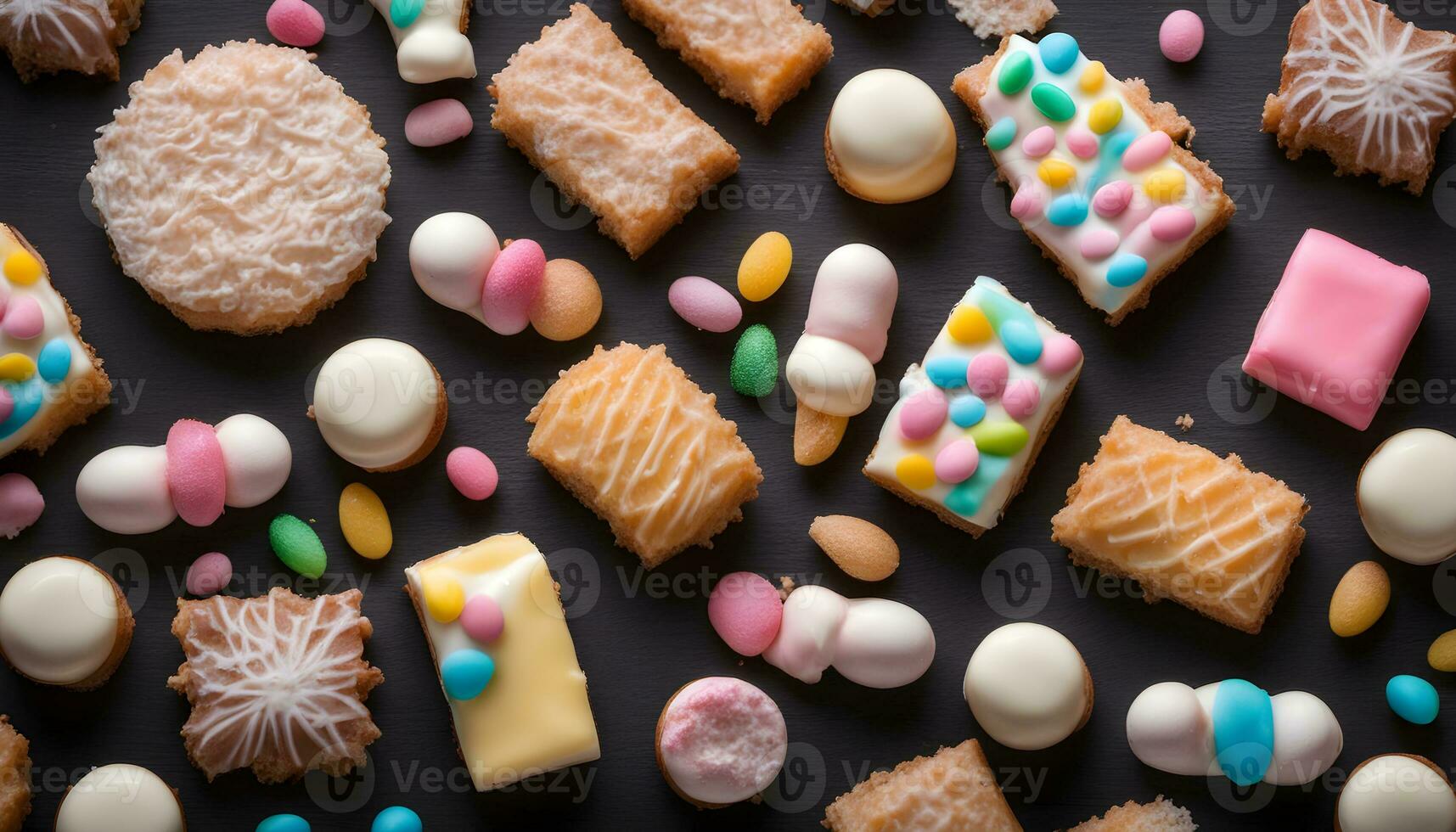 AI generated assorted cookies and candies on a black background photo