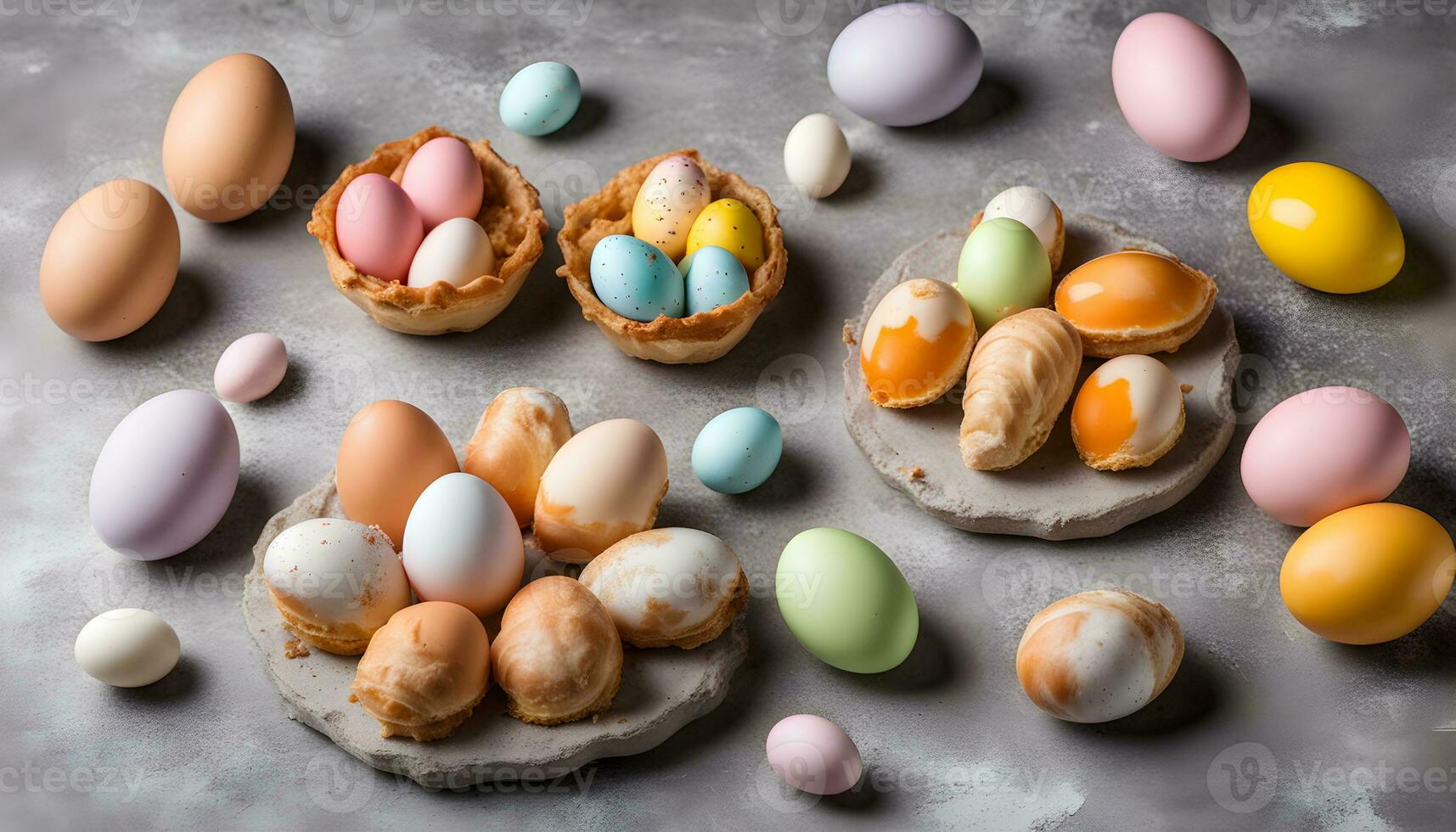 AI generated colorful easter eggs on a gray background photo