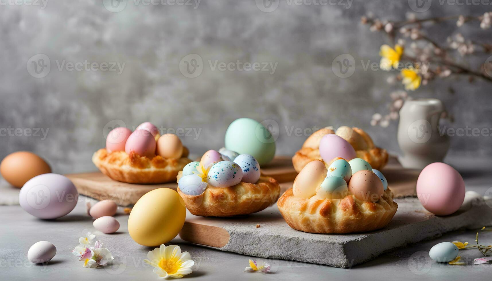 ai generado Pascua de Resurrección huevos y Pastelería en un mesa foto