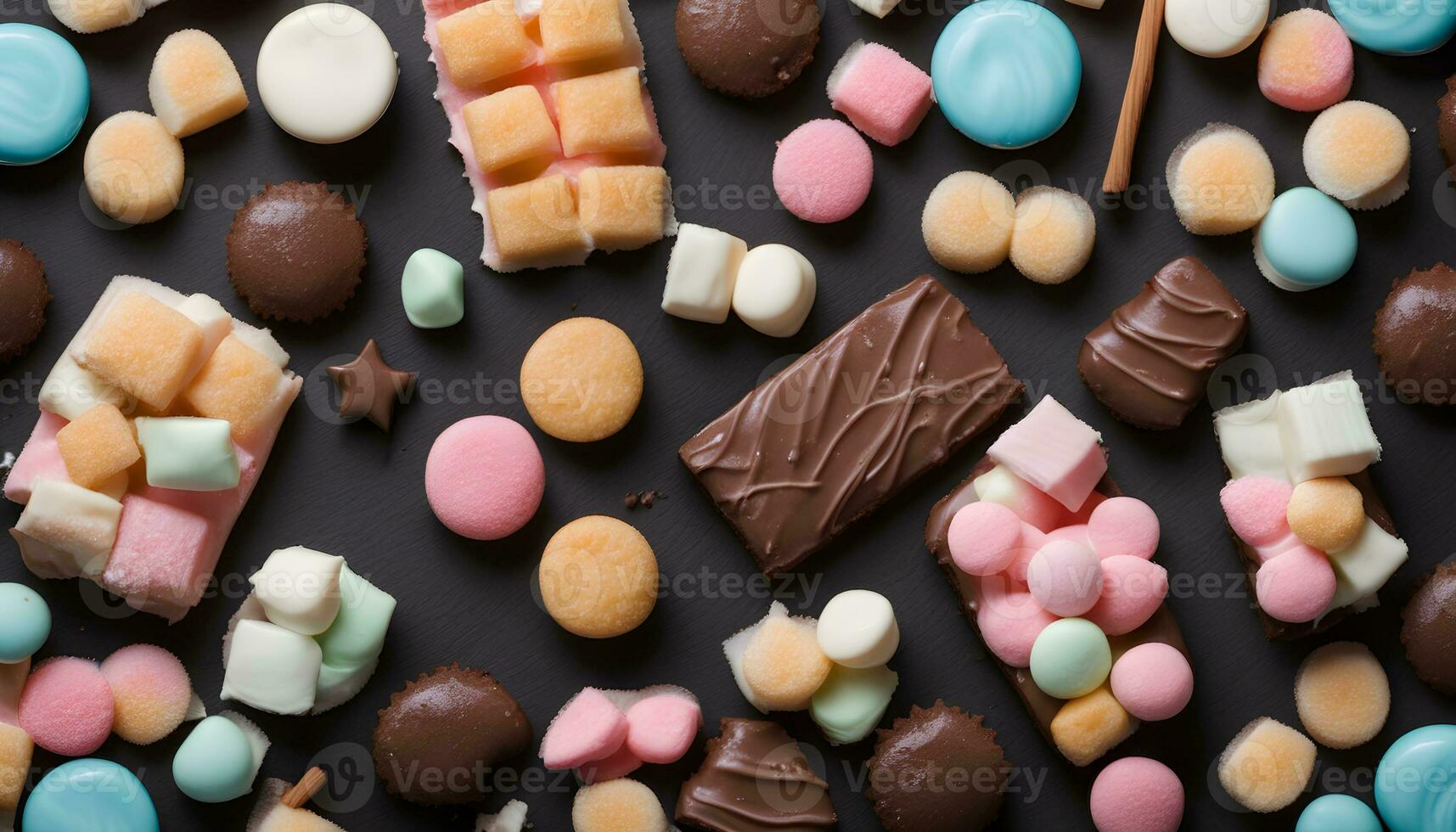 AI generated various types of candy and sweets on a black background photo