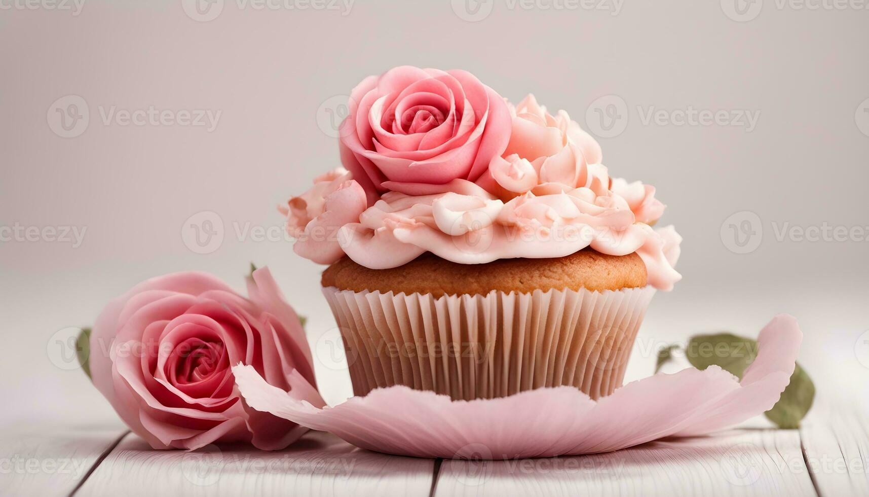 AI generated cupcake with pink roses on wooden background photo