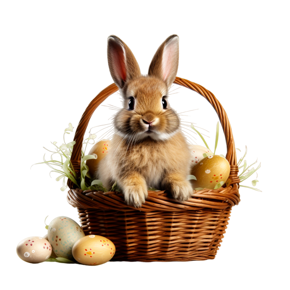 ai généré de fête panier avec mignonne lapin et Pâques orthodoxe des œufs sur une transparent Contexte png