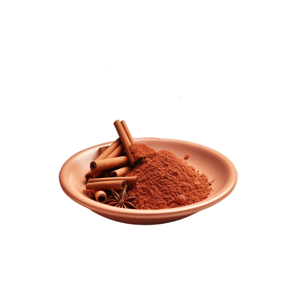 AI generated cinnamon sticks powder in wood plate on transparent background png