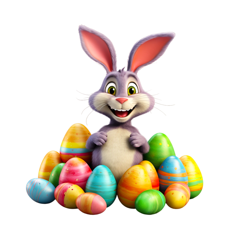 AI generated Easter rabbit with colorful eggs. April holiday on transparent background png