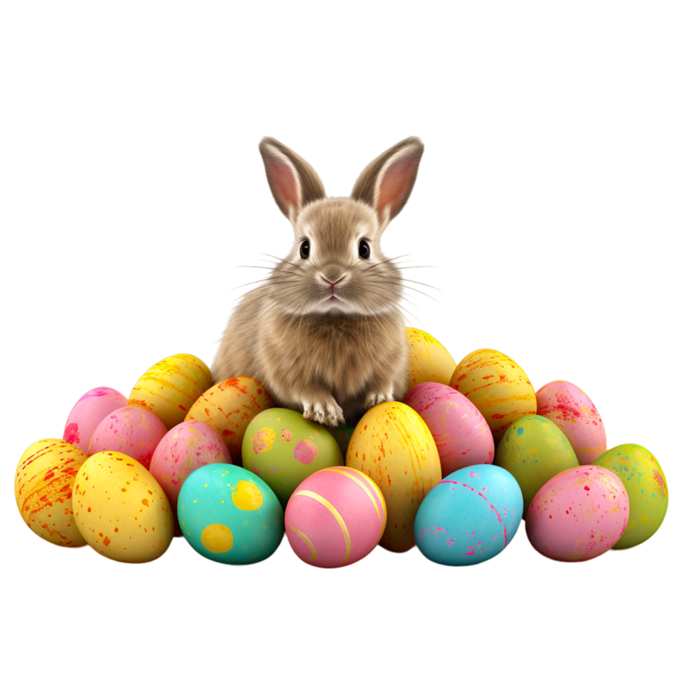 AI generated bunny surrounded by colorful Easter eggs on a transparent background png