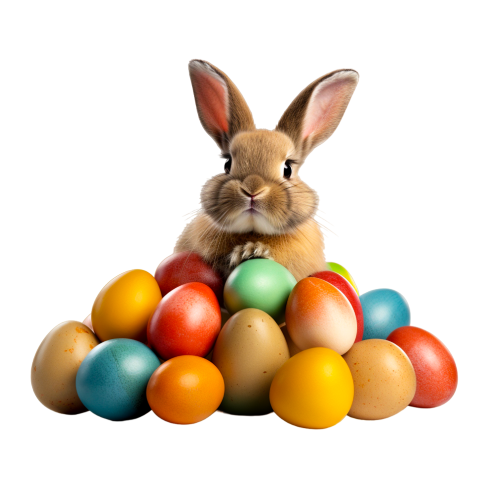 AI generated cute easter bunny with eggs isolated on transparent background png