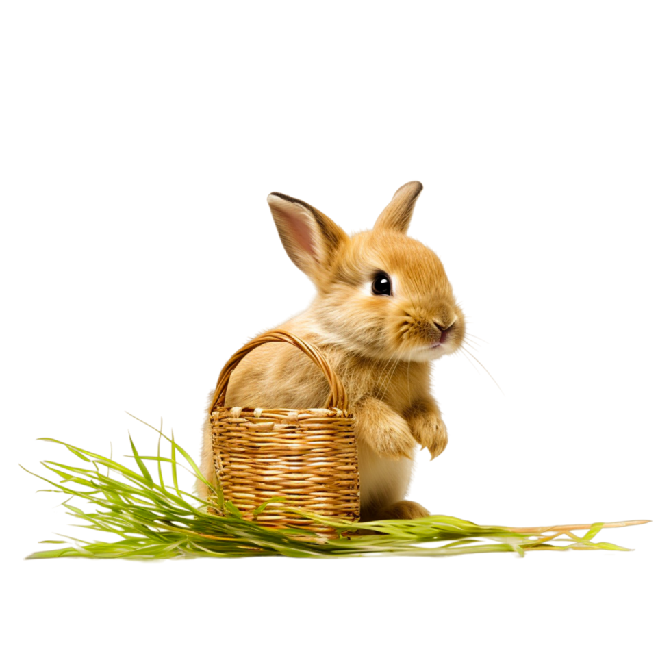 ai généré mignonne Pâques lapin avec osier panier et herbe sur transparent Contexte png