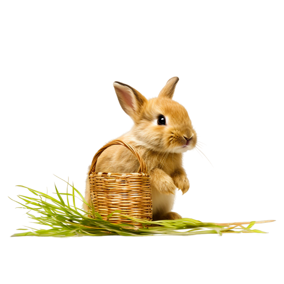 AI generated cute easter bunny with wicker basket and grass on transparent background png