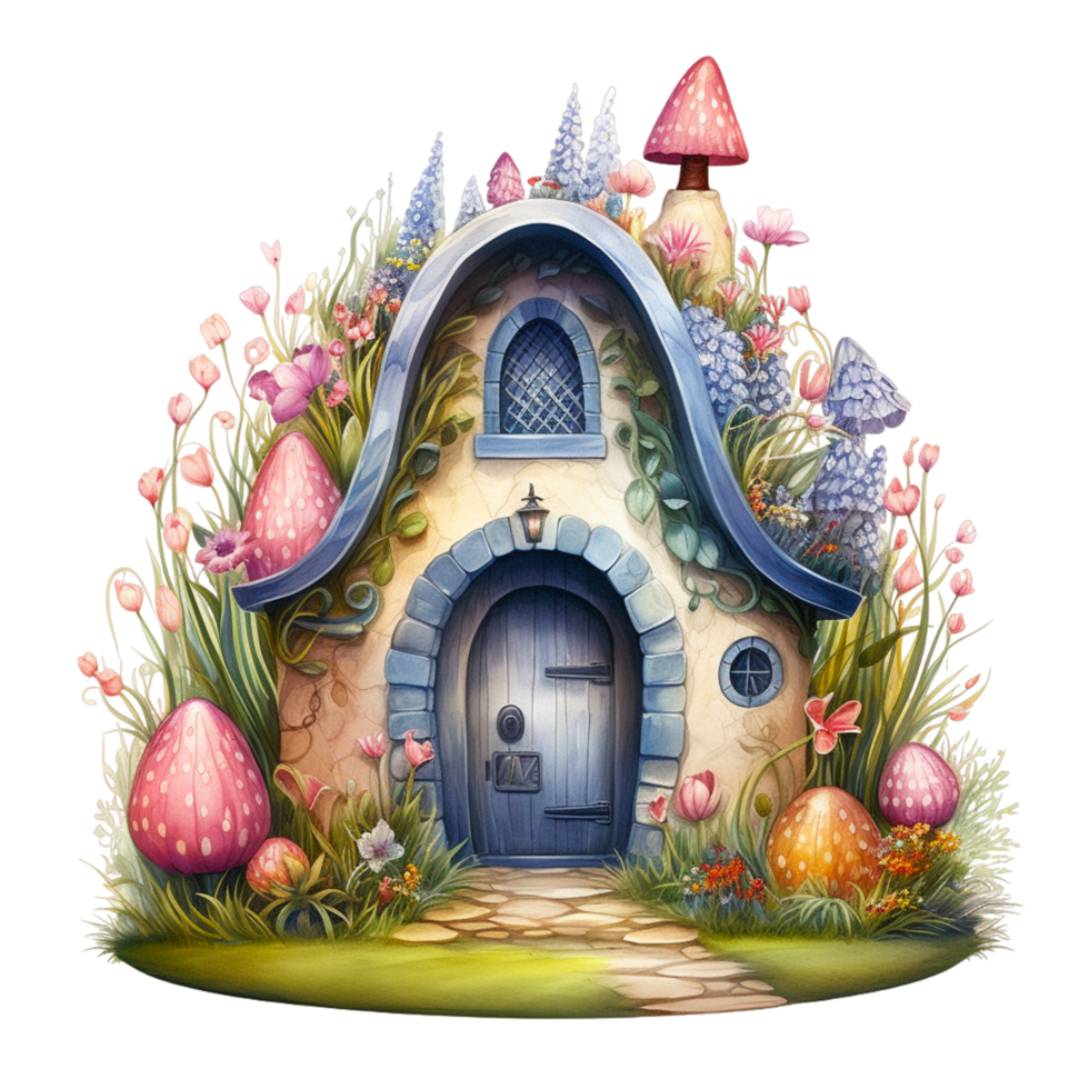 AI generated cartoon illustration of fairy house with green roof, grass and flowers, Green Fairy House png