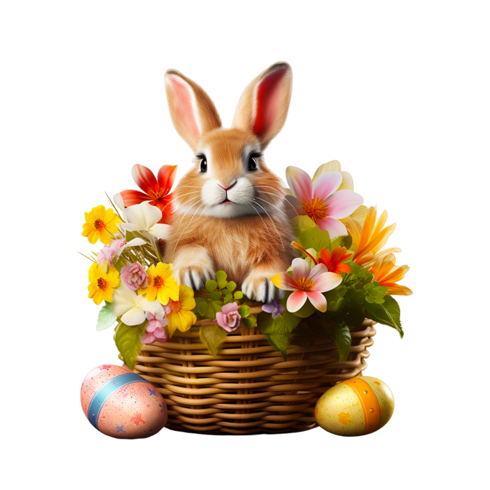 AI generated Festive basket with cute rabbit and easter orthodox eggs on a transparent background png