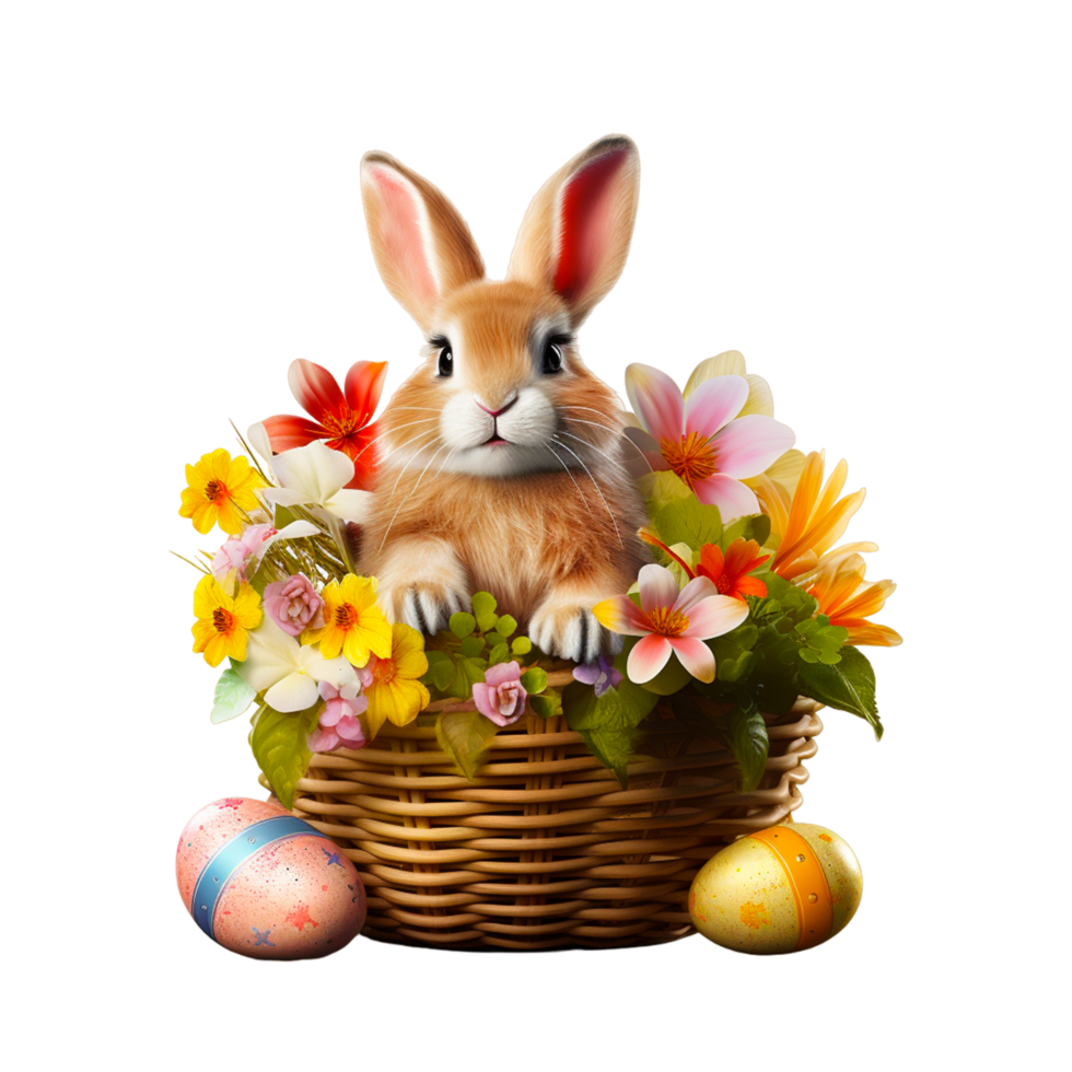 ai généré de fête panier avec mignonne lapin et Pâques orthodoxe des œufs sur une transparent Contexte png