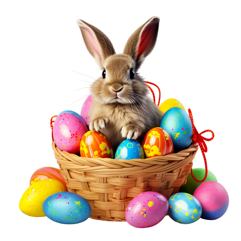 AI generated Easter bunny and colorful egg in a basket on transparent background png