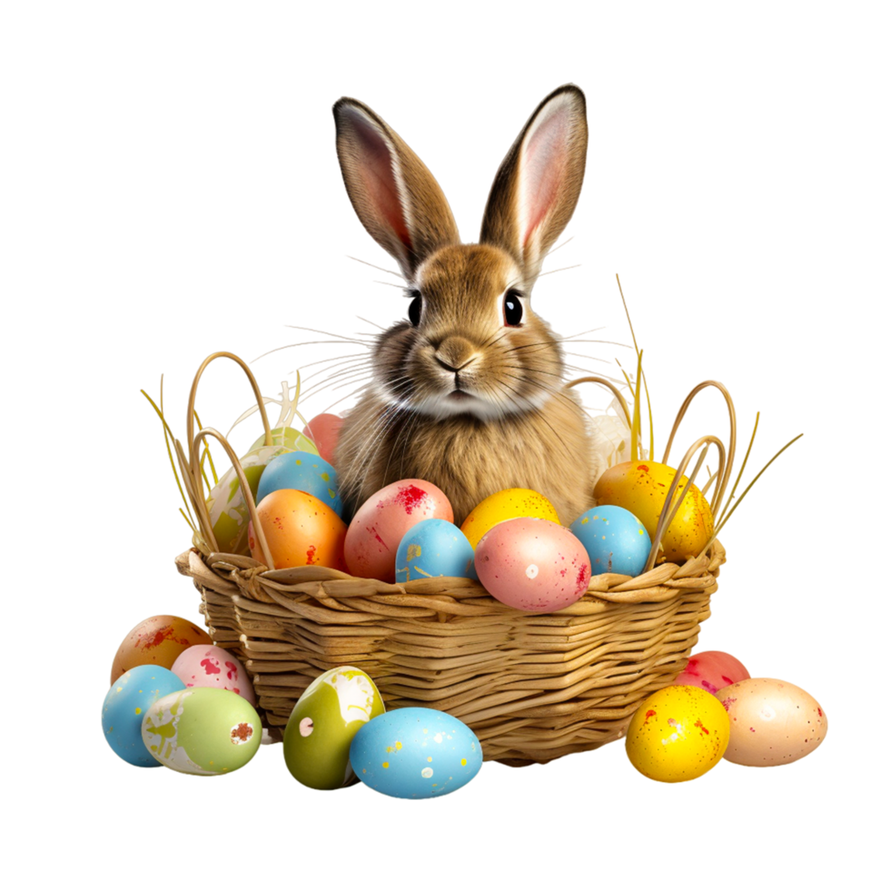 ai generiert festlich Korb mit süß Hase und Ostern orthodox Eier auf ein transparent Hintergrund png