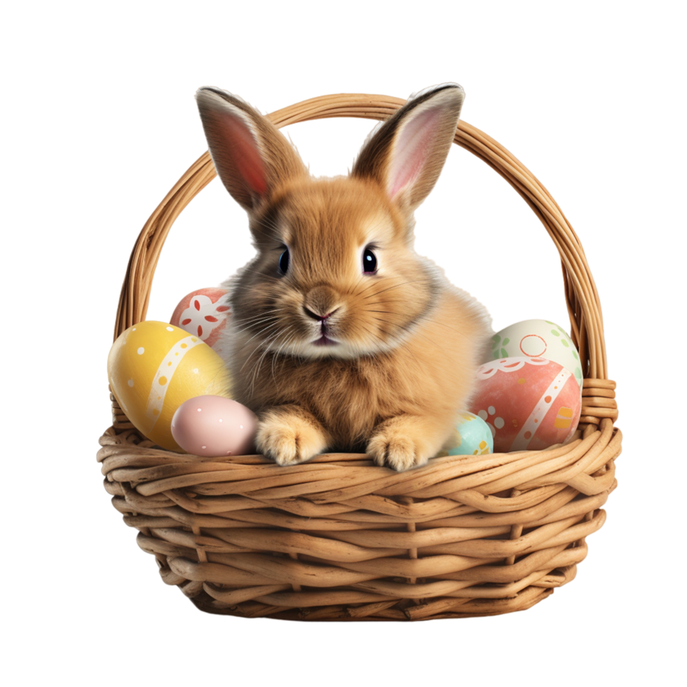 AI generated Festive basket with cute rabbit and easter orthodox eggs on a transparent background png