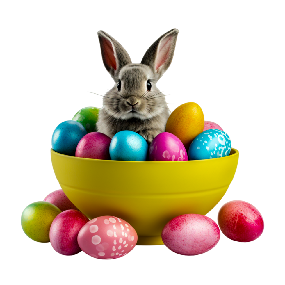 AI generated Easter bunny with colorful eggs in a bowl png