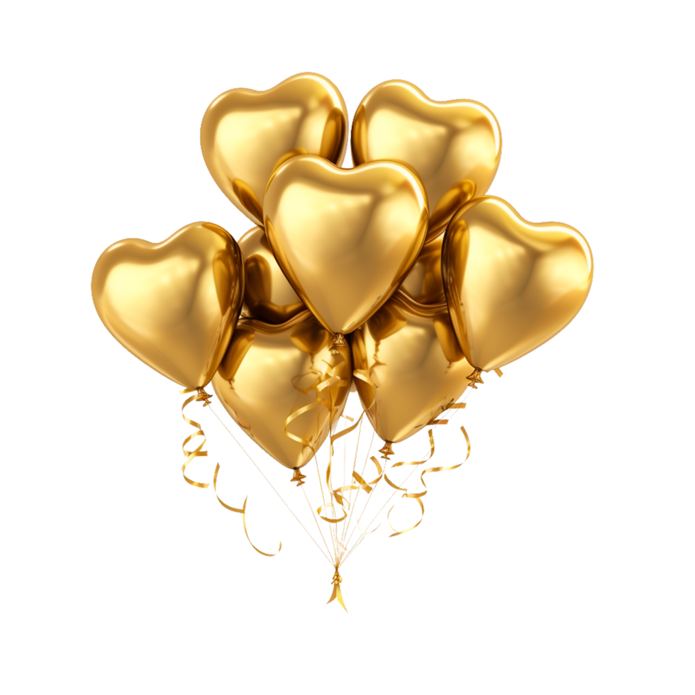 AI generated gold balloons in heart shape isolated on transparent background png