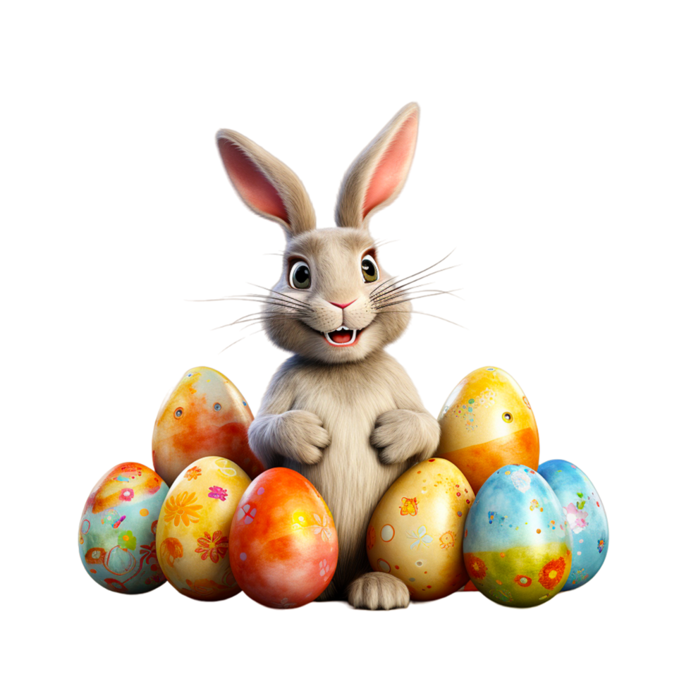 AI generated Easter rabbit with colorful eggs. April holiday on transparent background png