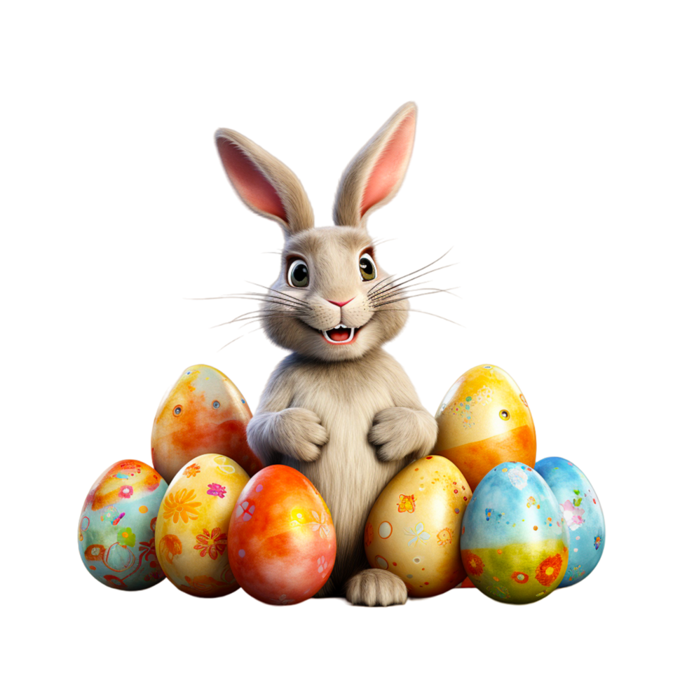 ai generado Pascua de Resurrección Conejo con vistoso huevos. abril fiesta en transparente antecedentes png