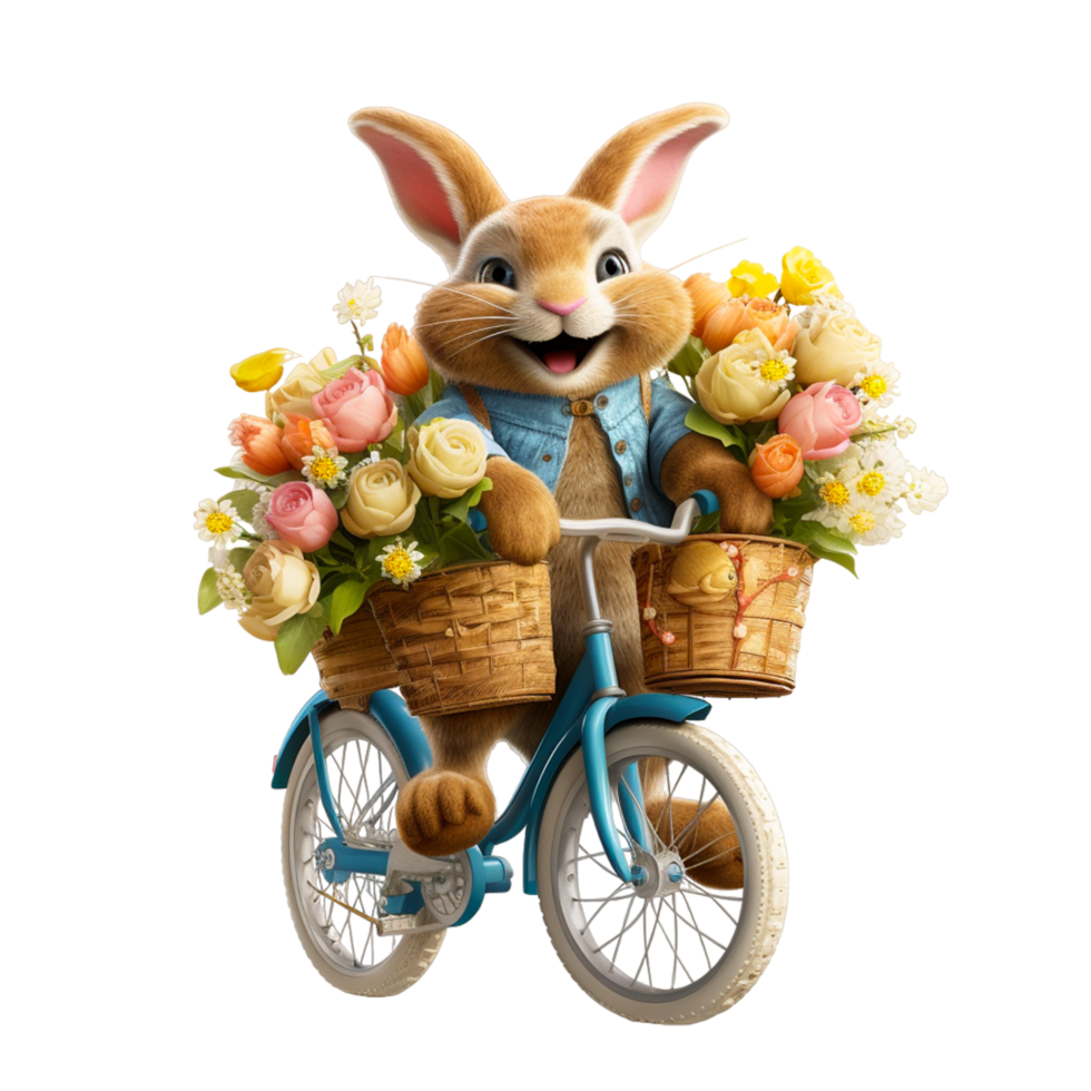 AI generated bicycle bunny, Easter eggs. Watercolor clipart, on a transparent background, in cartoon style png