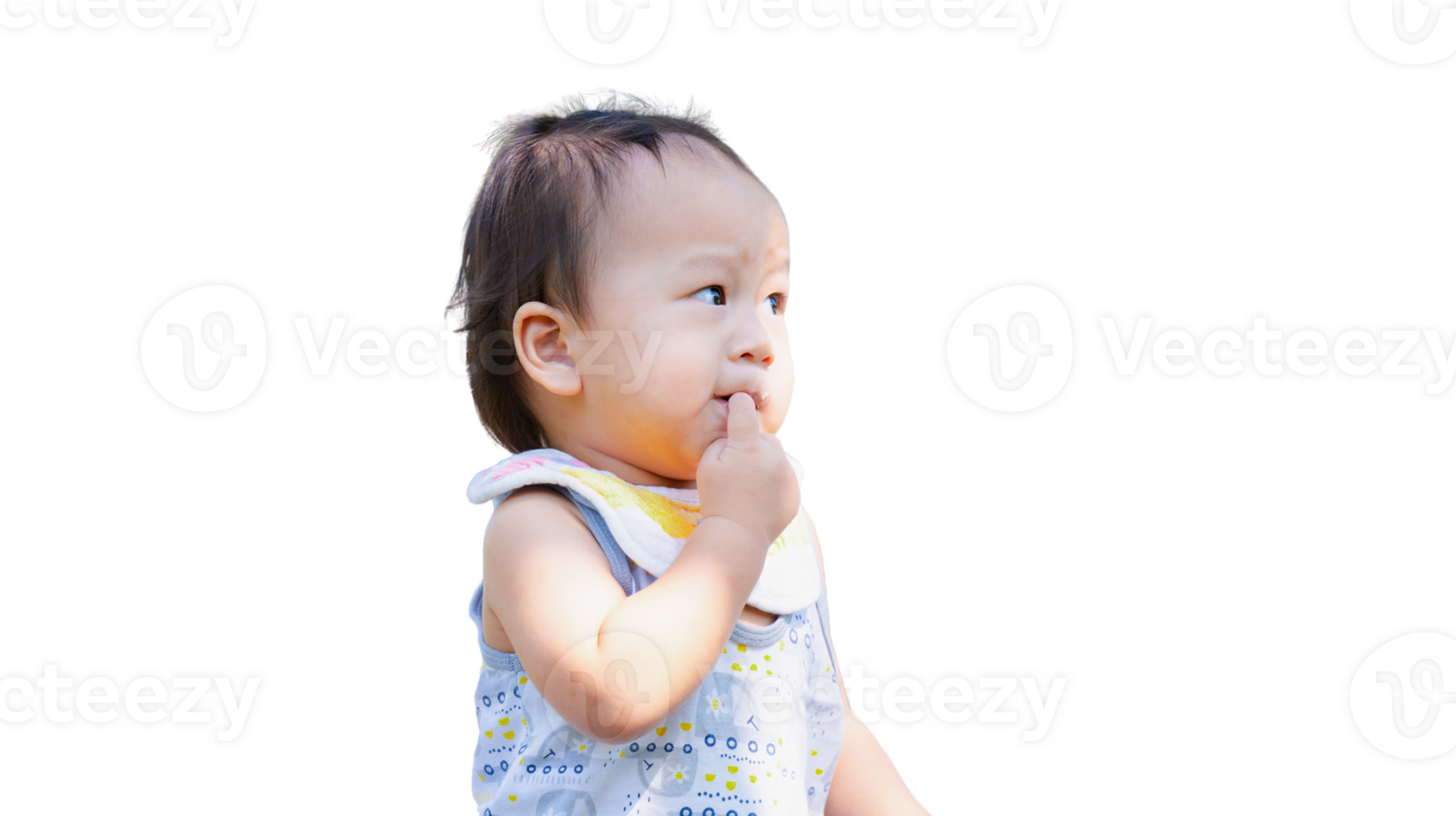 Asian Baby Toddler is Sucking the Index Finger of His Hand when he is Shy or thinking, On Isolated Background. png